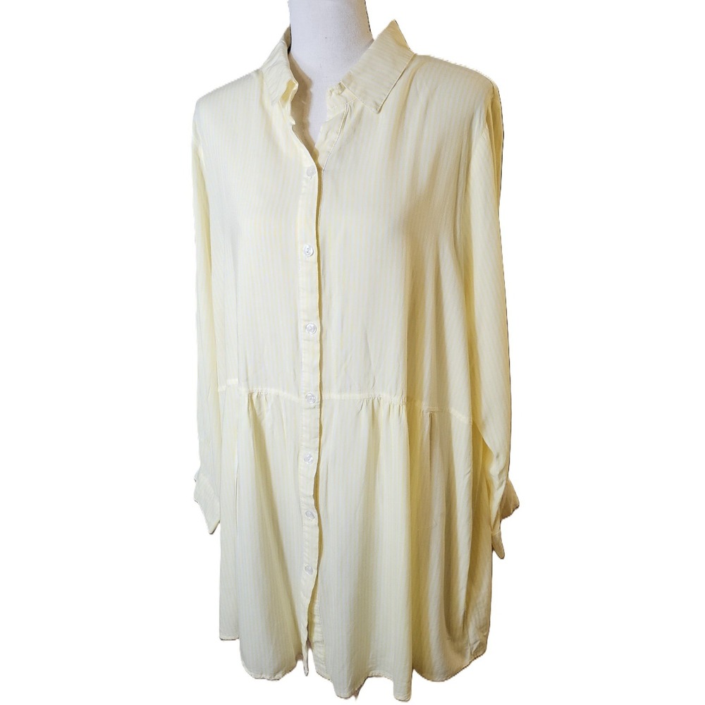 Solitaire Women SZ 2X Yellow/White Pinstrip Button-Up Tunis Shirt Babydoll Dress